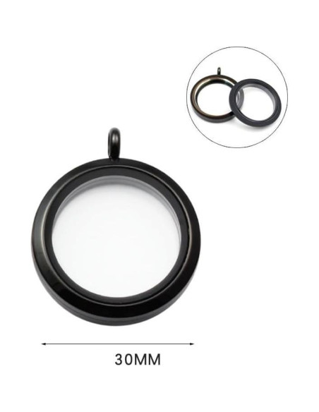 Collar Locket de Memoria Flotante 30mm Acero Inoxidable Negro
