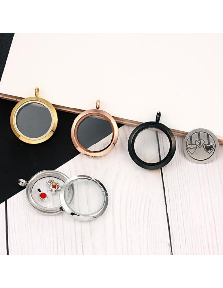 Collar Locket de Memoria Flotante 30mm Acero Inoxidable Negro