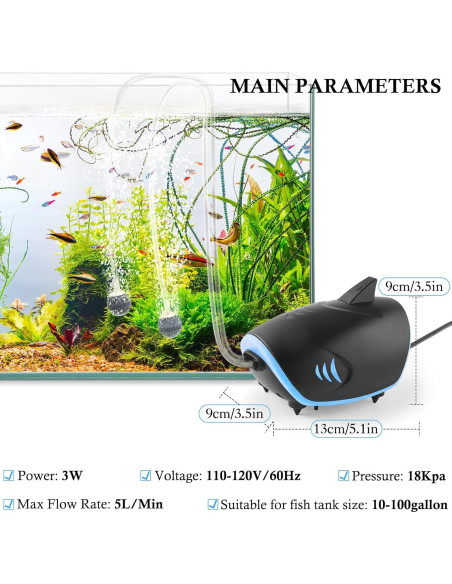 Bomba de Aire Silenciosa HITOP 3W para Acuario 300L