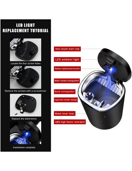 Cenicero de coche Ohleats con luz LED y tapa a prueba de olores