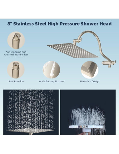 Cabezal de Ducha Hibbent 8'' Lluvia y Mano, 7 Configuraciones