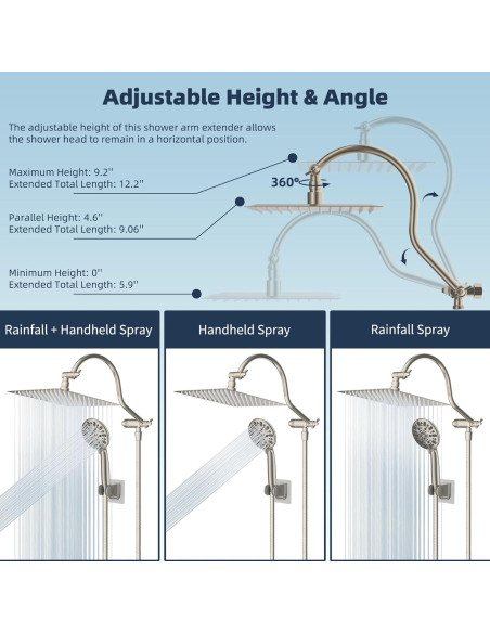 Cabezal de Ducha Hibbent 8'' Lluvia y Mano, 7 Configuraciones