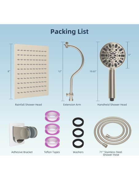 Cabezal de Ducha Hibbent 8'' Lluvia y Mano, 7 Configuraciones