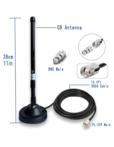 Antena CB Magnética GTOMNI 27MHz con Cable RG58 5m y Adaptador BNC