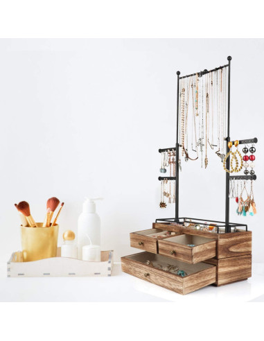 Organizador de Joyería Olakee - Caja de Madera 2 Capas con Soporte