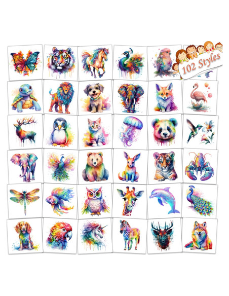 102 Tatuajes Temporales de Animales Acuarelados UVUXO