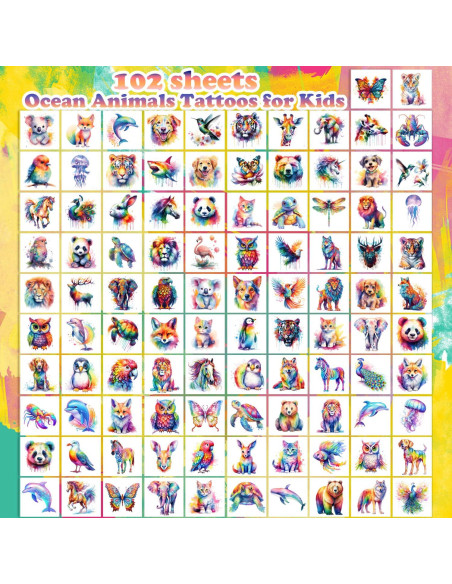 102 Tatuajes Temporales de Animales Acuarelados UVUXO