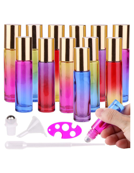 12 Botellas de Rodillo de Vidrio inice 10ml con Tapa Dorada