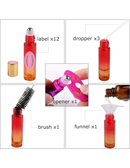 12 Botellas de Rodillo de Vidrio inice 10ml con Tapa Dorada