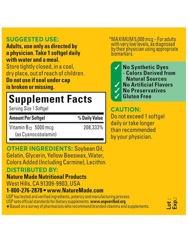 Nature Made Vitamina B12 5000 mcg 60 Softgels - Energía y Metabolismo