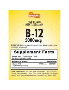 Tabletas de Vitamina B12 Sundance 5000 mcg Sabor Baya 50 Unidades 2