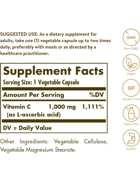 Solgar Vitamina C 1000 mg 100 Cápsulas Vegetales Antioxidante