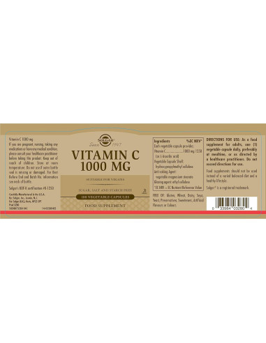 Solgar Vitamina C 1000 mg 100 Cápsulas Vegetales Antioxidante