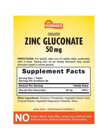 Sundance Gluconato de Zinc 50mg - 90 Tabletas Vegetariano