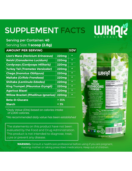 Polvo de Champiñón Wixar Naturals 113g - Mezcla 10 en 1