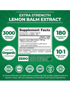 Extracto de Melisa Orgánica Zazzee 3000 mg 180 Cápsulas Veganas 2