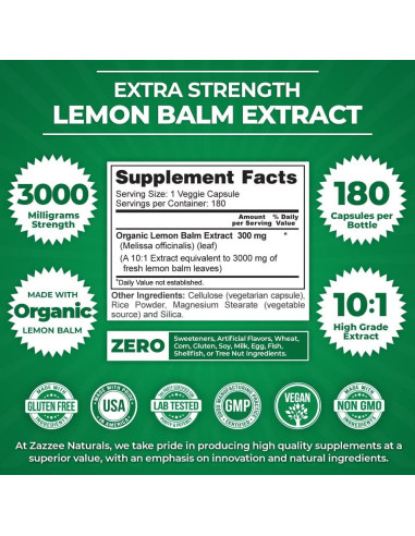 Extracto de Melisa Orgánica Zazzee 3000 mg 180 Cápsulas Veganas