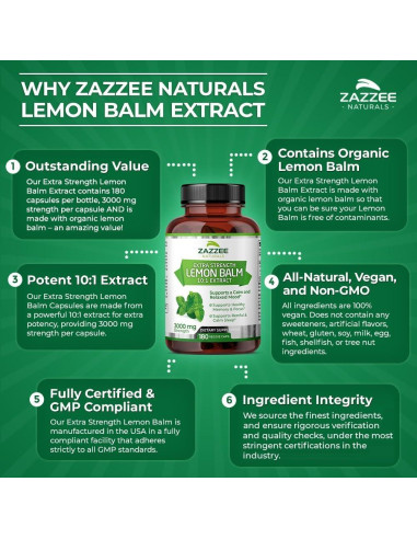 Extracto de Melisa Orgánica Zazzee 3000 mg 180 Cápsulas Veganas