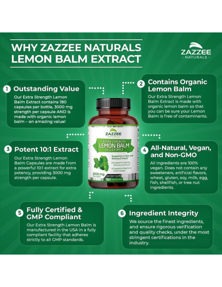 Extracto de Melisa Orgánica Zazzee 3000 mg 180 Cápsulas Veganas