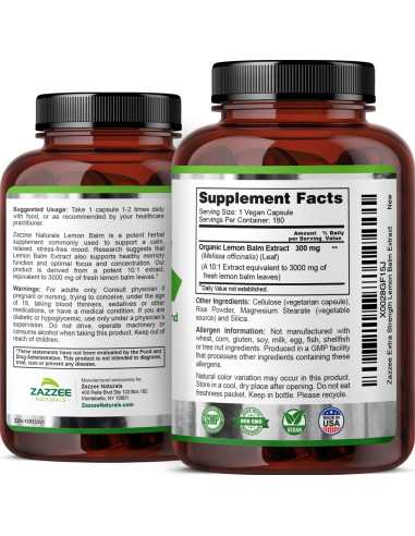 Extracto de Melisa Orgánica Zazzee 3000 mg 180 Cápsulas Veganas