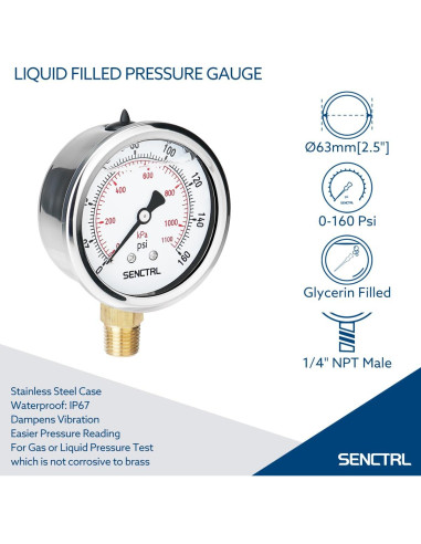 Manómetro de presión SENCTRL 0-160 PSI 6.35 cm acero inoxidable