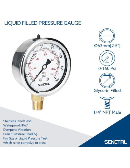 Manómetro de presión SENCTRL 0-160 PSI 6.35 cm acero inoxidable