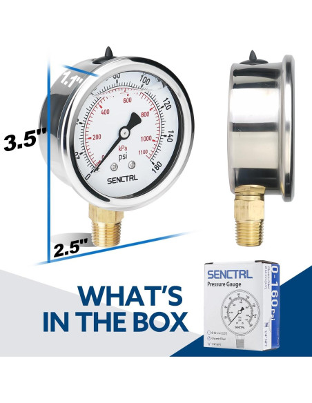 Manómetro de presión SENCTRL 0-160 PSI 6.35 cm acero inoxidable