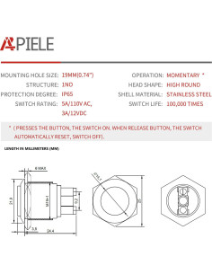 Interruptor Momentáneo Alto Redondo APIELE 19mm Acero Inoxidable IP65 2