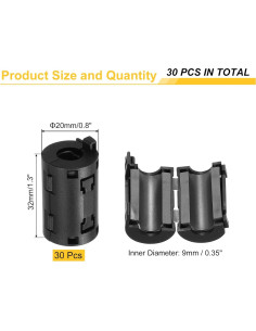 30 Pcs Núcleo de Anillo de Ferrita Clip-on uxcell 9mm Negro 2