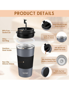 Taza de Café de Viaje KETIEE 355ml Aislada a Prueba de Fugas Gris 2