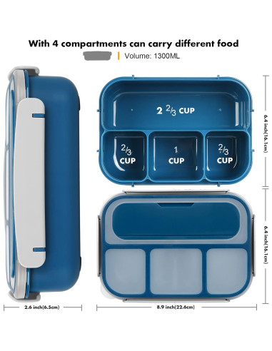 Caja Bento Yumuk 1300ML Azul con 4 Compartimentos y Accesorios