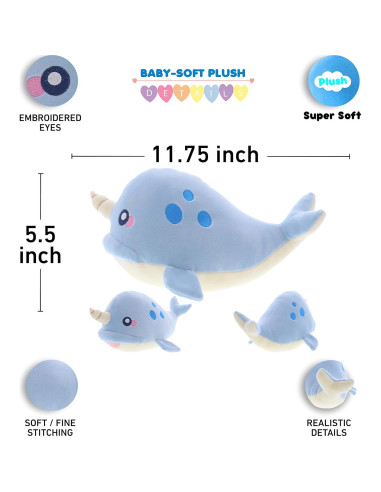 DolliBu Narval Azul Juguete de Peluche Suave 29.85 cm
