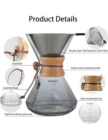 Cafetera de Goteo Mongdio 1000ml con Filtro Acero Inoxidable