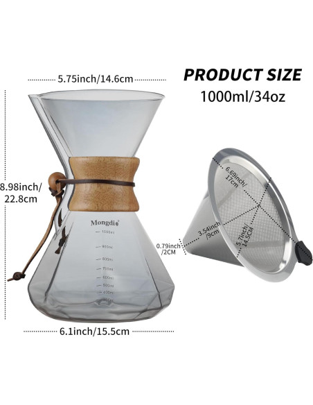 Cafetera de Goteo Mongdio 1000ml con Filtro Acero Inoxidable