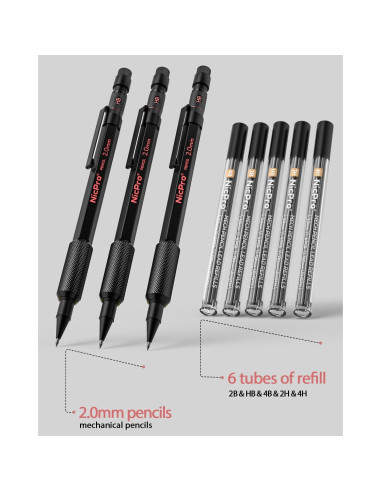 Conjunto de 3 Lápices Mecánicos Nicpro 2mm con Estuche y Minas