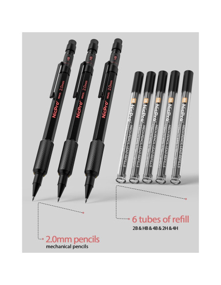 Conjunto de 3 Lápices Mecánicos Nicpro 2mm con Estuche y Minas