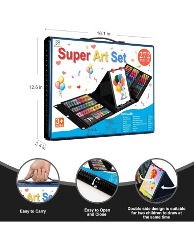 Kit de Dibujo POPYOLA 272 Piezas con Caballete Trifold Negro