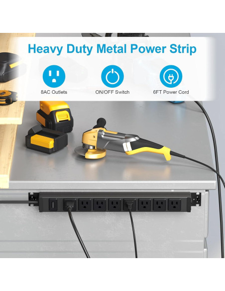 Regleta de Metal HHSOET 8 Salidas 15A 125V 1.83m con Interruptor