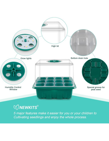 Bandeja de Germinación de Semillas NEWKITS con Luz LED 12 Celdas
