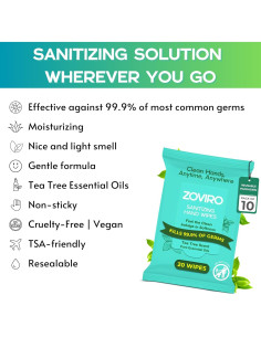 Toallitas Desinfectantes Zoviro, Aroma a Árbol de Té, 20 Unidades 2