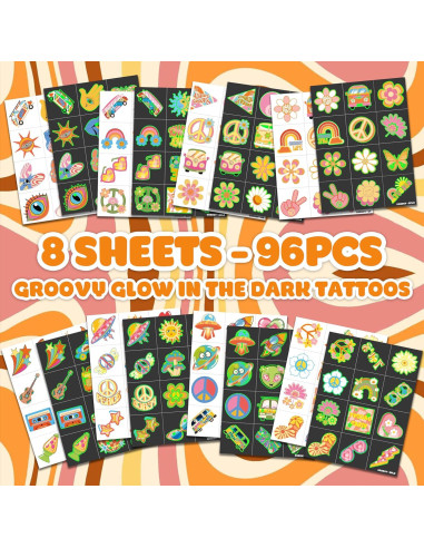 Tatuajes Temporales Pre-Cortados 96 PCS 60s 70s Hippie 91TATTOOS