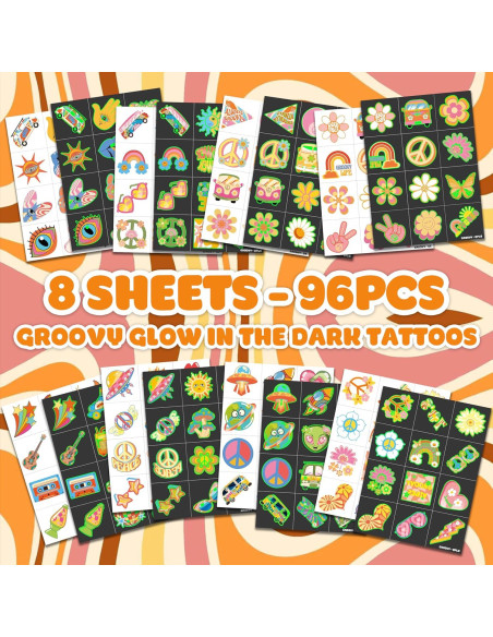 Tatuajes Temporales Pre-Cortados 96 PCS 60s 70s Hippie 91TATTOOS