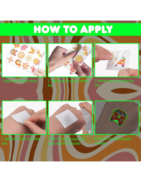 Tatuajes Temporales Pre-Cortados 96 PCS 60s 70s Hippie 91TATTOOS