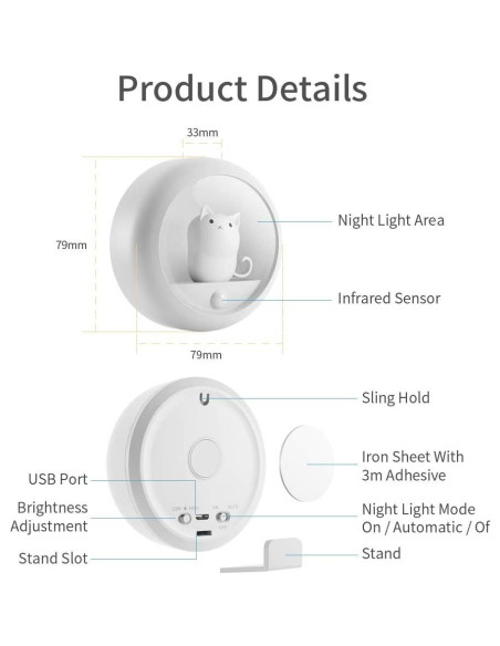 Luz Nocturna con Sensor de Movimiento Melaus USB Recargable 4000K
