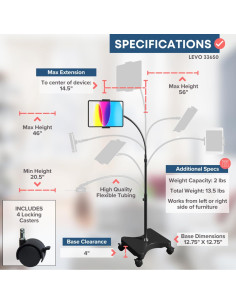 Soporte de Piso Ajustable LEVO con Ruedas para Tableta 76-152cm Negro 2