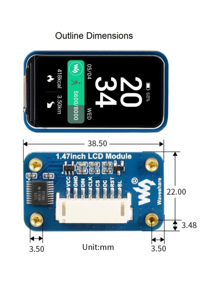 Módulo LCD 1.47" Waveshare para Raspberry Pi 172x320 SPI Módulo LCD 1.47" Waveshare para Raspberry Pi 172x320 SPI