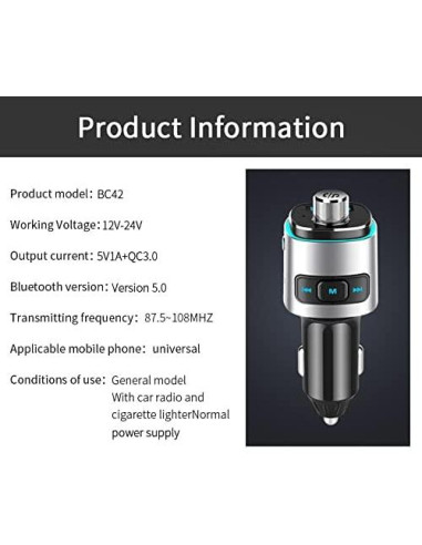 Transmisor FM Bluetooth 5.0 Couraglazer BC42 Carga Rápida USB