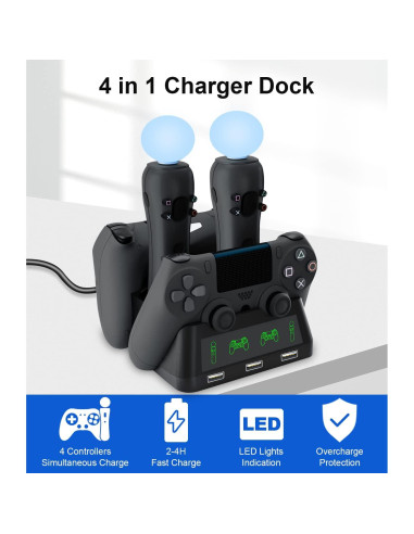 Estación de Carga 4 en 1 TUOWITA para Controladores PS4
