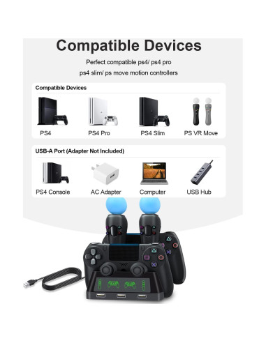 Estación de Carga 4 en 1 TUOWITA para Controladores PS4