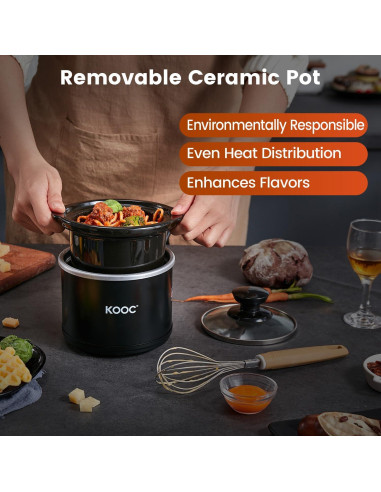 Olla de Cocción Lenta KOOC 0.65L Cerámica Negra con Forros